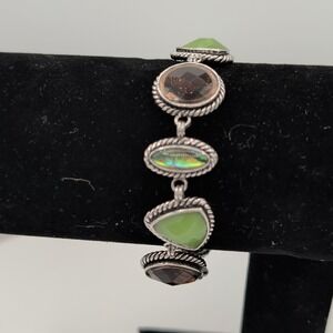 Lia Sophia Silver Tone Link Bracelet Abalone Green Stone Smoky Quartz Retired